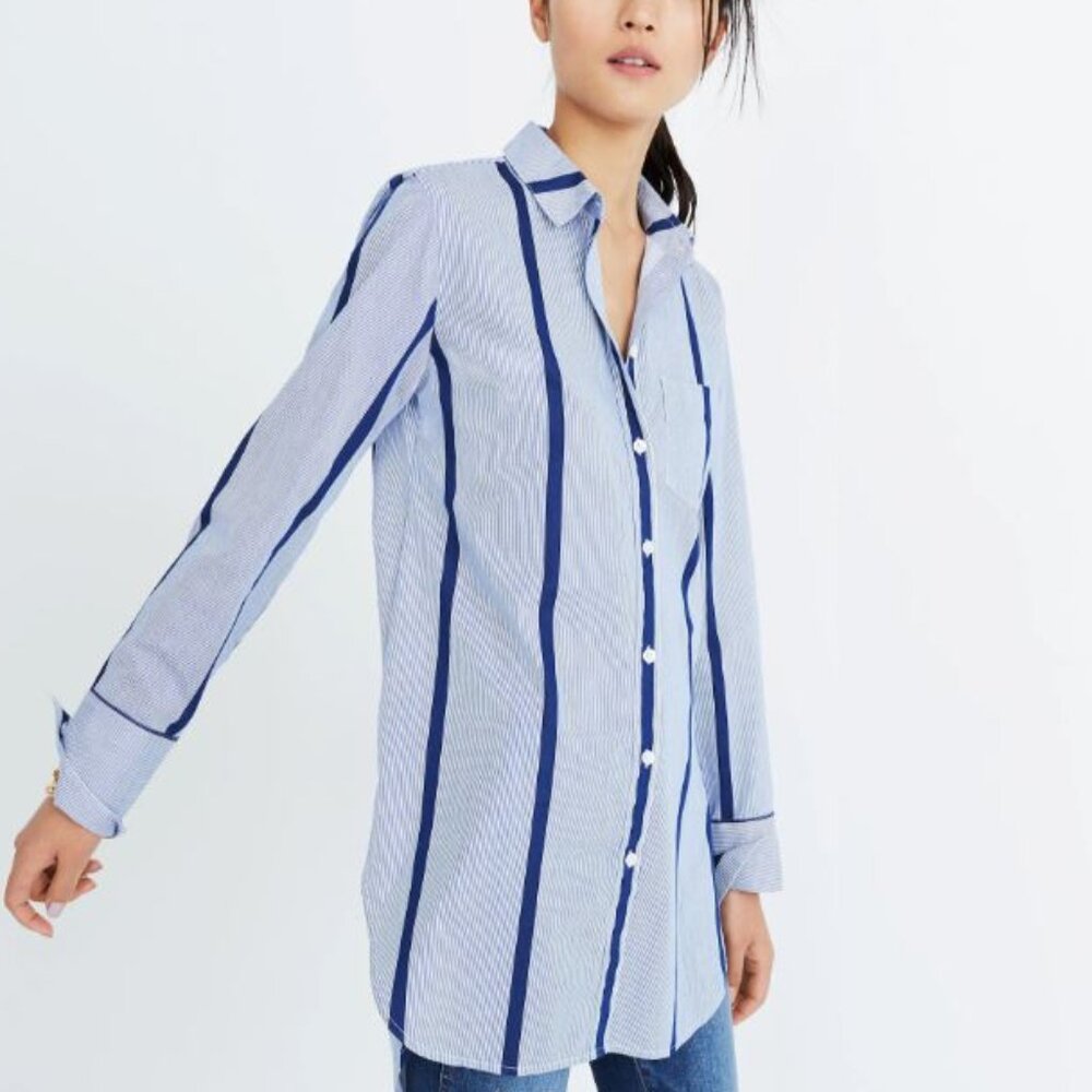 Madewell Blue Striped Button-Down Tunic Shirt